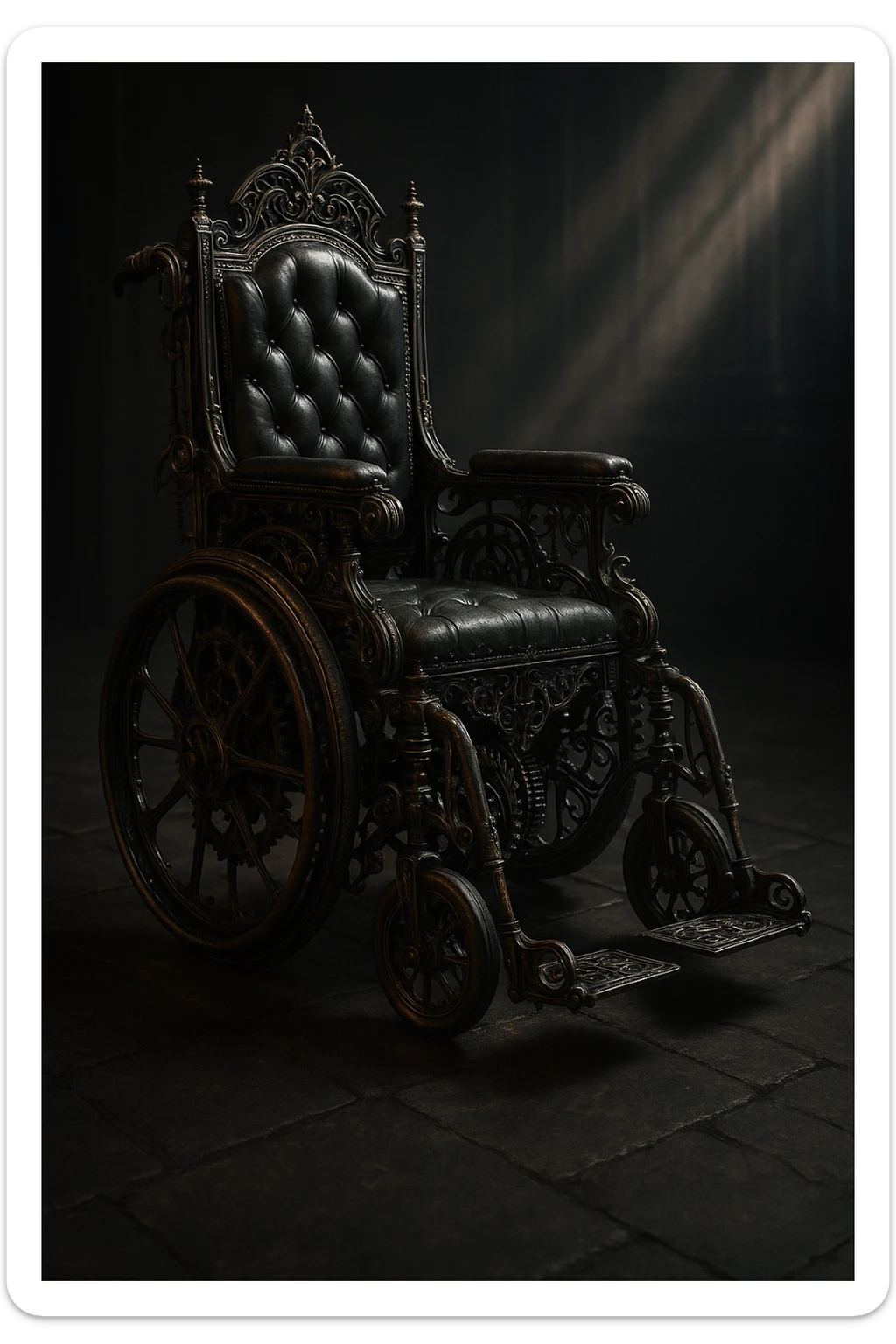gothic steampunk wheelchair, ornate gears, dark metal, Victorian details, dramatic lighting sticker