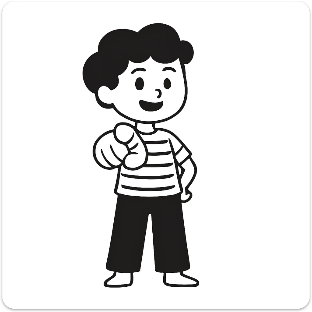 Edit the image of the boy in the doodle style to have him pointing toward the viewer, keeping the same character details and doodle style as the original. sticker