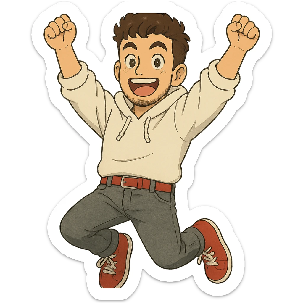 1 male, mid fade haircut dark chestnut brown curly hair, toasted lightskin, white hoodie sleeves up, gray fashion jeans, red fashion-sneakers shoes, red belt, short trimmed beard and goatee,  style of deku from "my hero academia",  doing a pose for a "happy" emote for twitch sticker