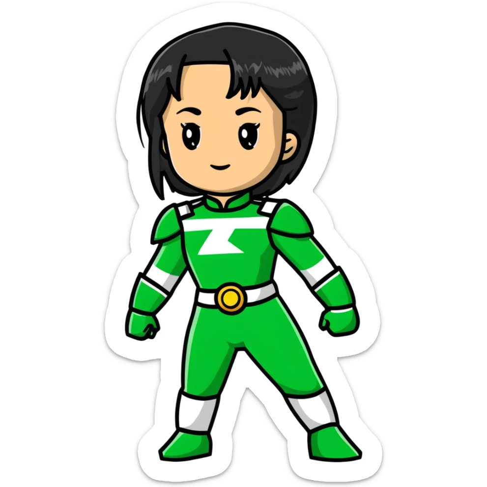 wasian girl in a green Power Ranger suit, black straight hair, black eyes sticker