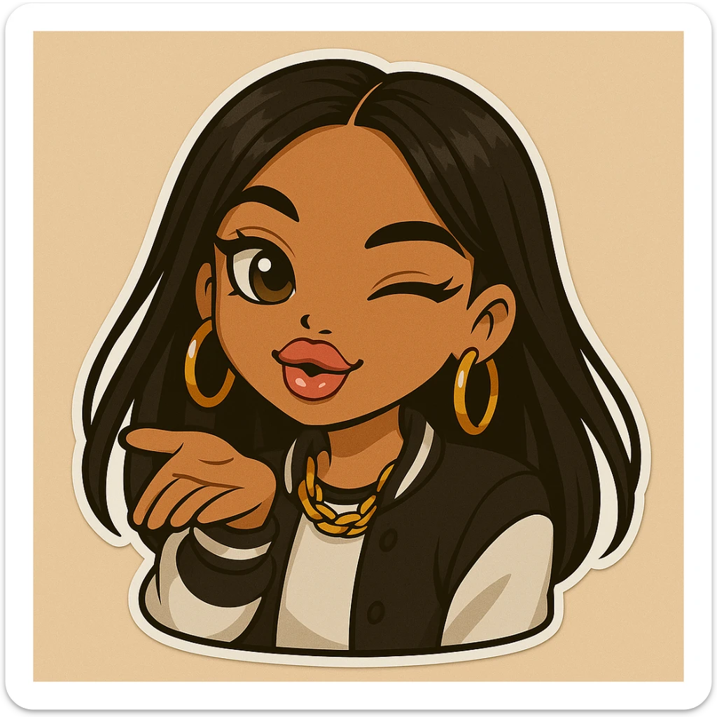 Make the anime Bratz style woman in the headshot a little darker in skin tone to match the others. Keep her winking and blowing a kiss. She is about 20 years old with dark hair, wearing trendy streetwear. She has big expressive eyes, glossy lips, and a happy expression. No hat and no tears. Style is chibi stickers anime style. sticker