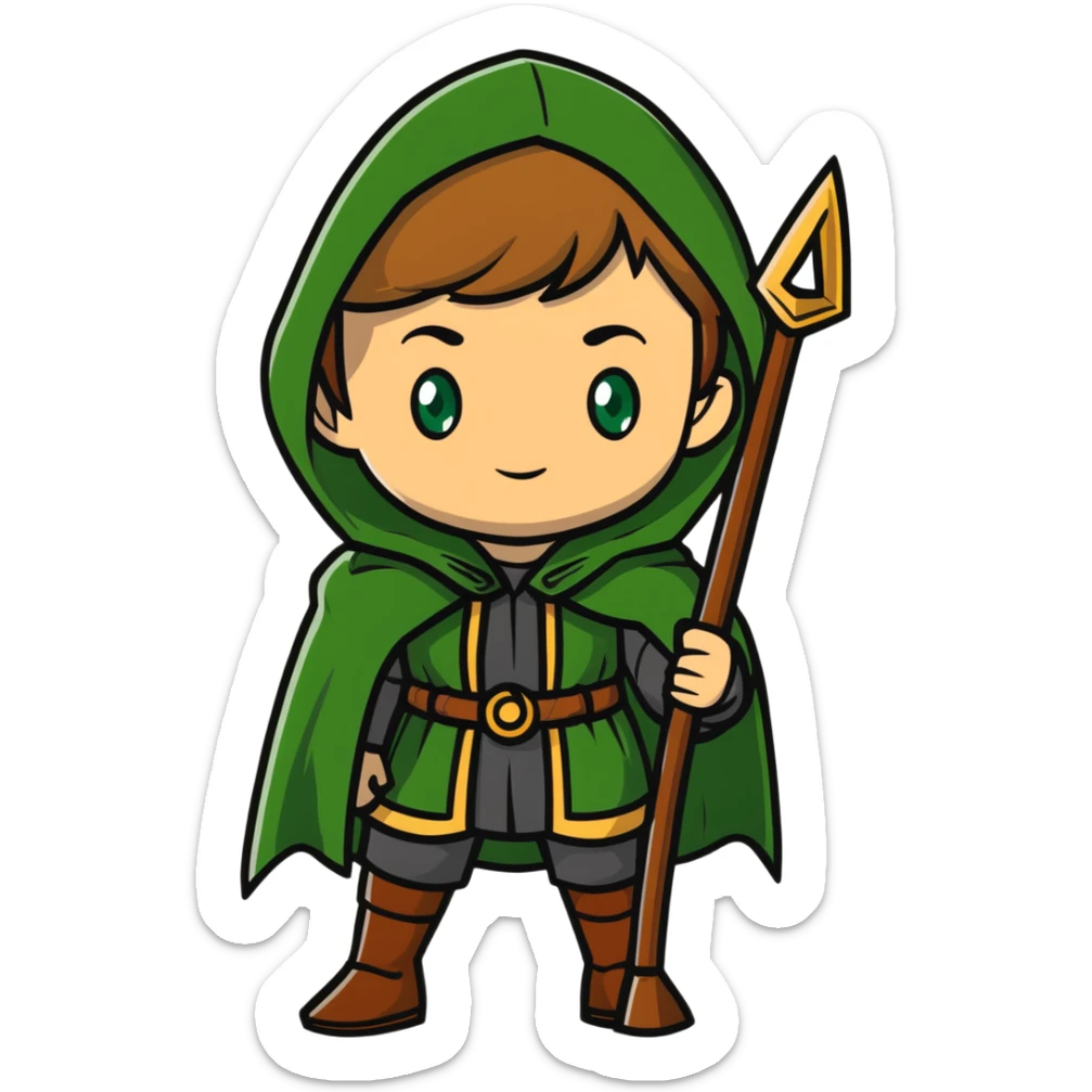 Rudeus Greyrat from Mushoku Tensei, green eyes, short light brown hair, wearing adventurer's outfit with a green cloak, holding a staff, confident and curious expression sticker