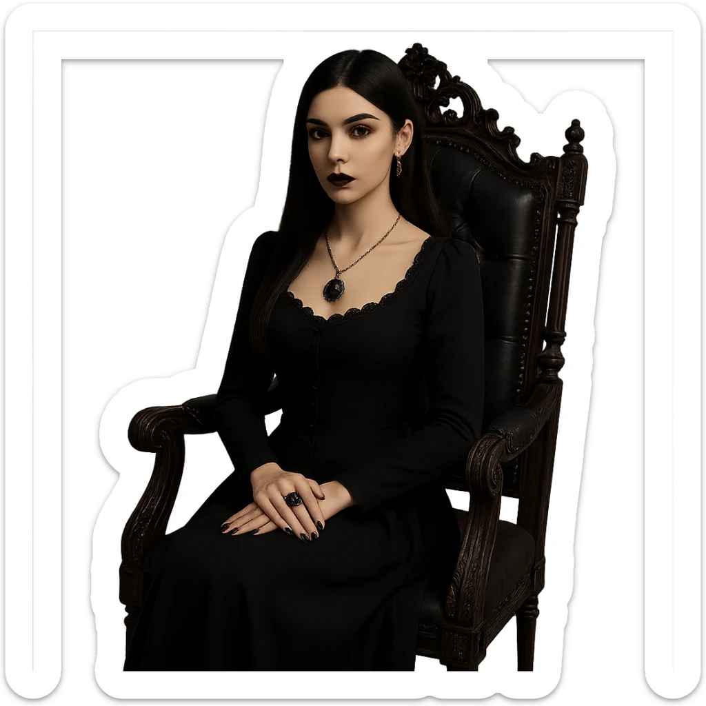 Change the image to a sitting pose of a gothic girl sitting on a gothic chair with an elegant posture. Preserve the transparent background. The style should remain gothic and elegant. sticker