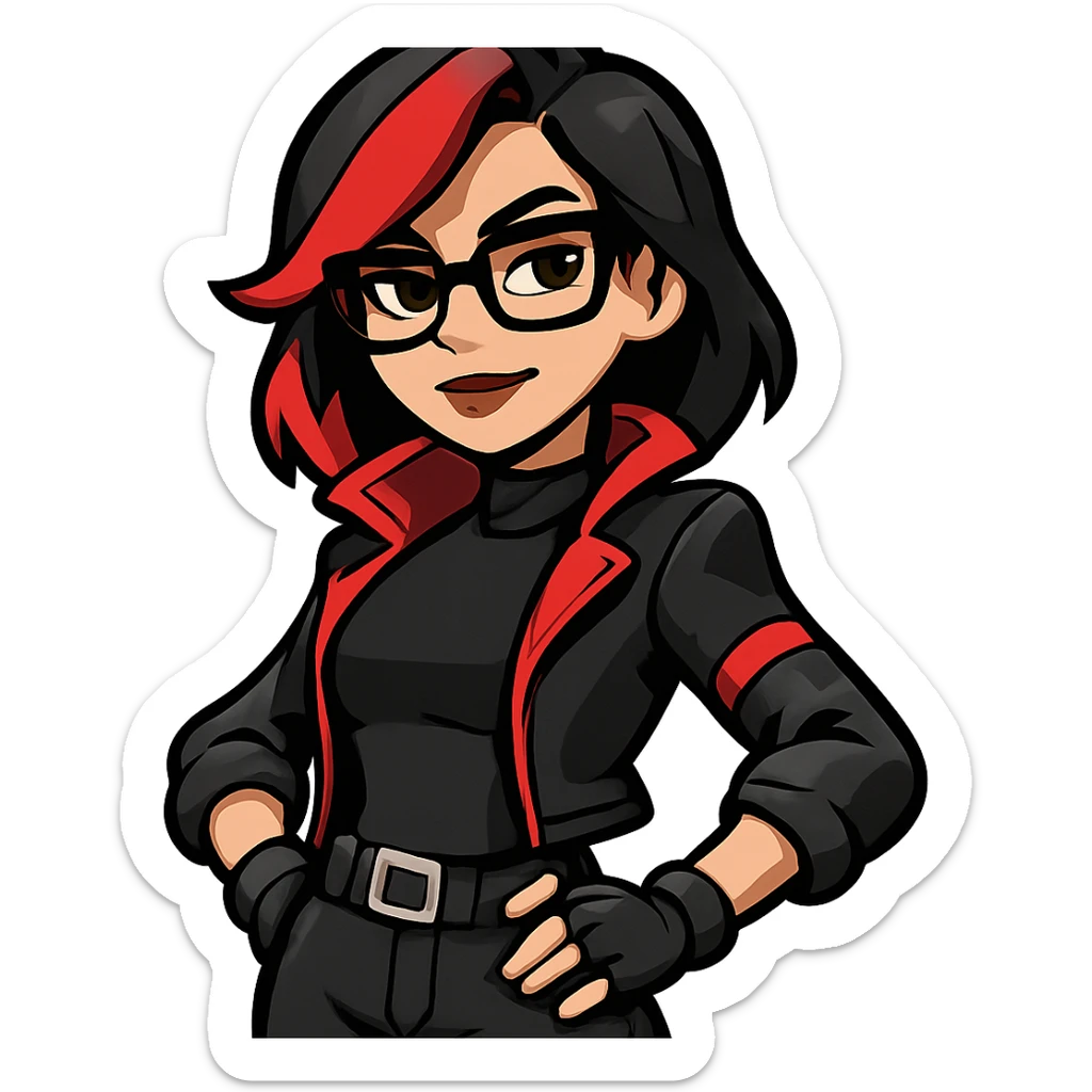 cool female character with black and red hair, glasses, and a confident pose, inspired by Undercover Kor from Fortnite, in Jiiby-Style sticker
