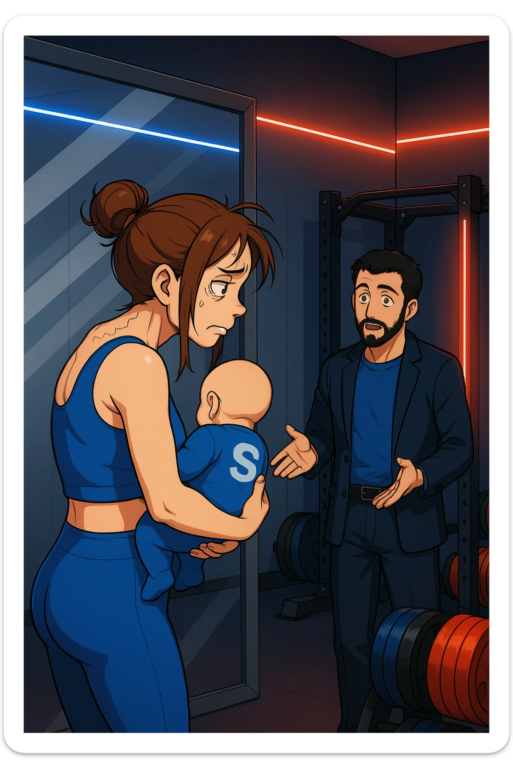 ispirati a questo stile di disegno e fai questa immagine in versione manga/webtoon a colori, il manga mostra la donna che si guarda alla specchio preoccupata di profilo con la postura sbagliata e incurvata, spalle chiuse e curve in avanti, con un neonato in braccio con una tutina azzurra e la scritta "S" sulla schiena, spina dorsale storta della donna in evidenza mentre al suo fianco anche l'uomo guarda la donna riflessa nello specchio e le spiega una cosa, ma non fare i fumetti, fai come se stessero parlando sticker