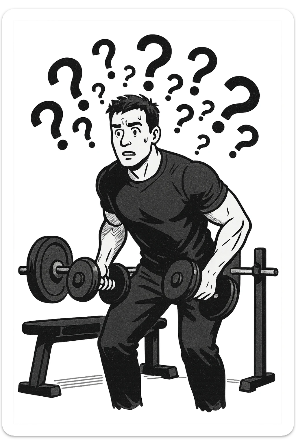 Uomo in palestra mentre si allena con tanti punti interrogativi intorno, confuso sticker