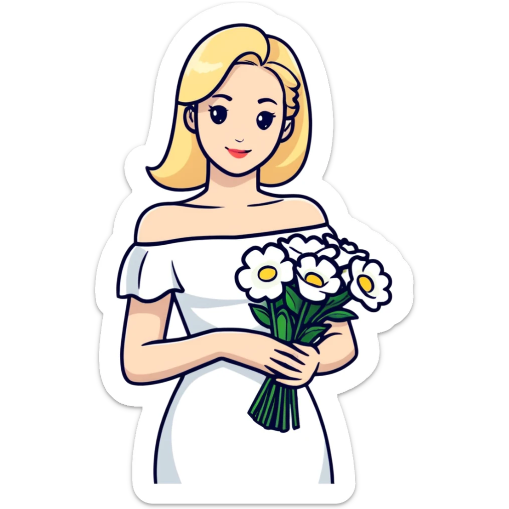 blonde woman in a white off-shoulder dress with a bouquet of white flowers sticker