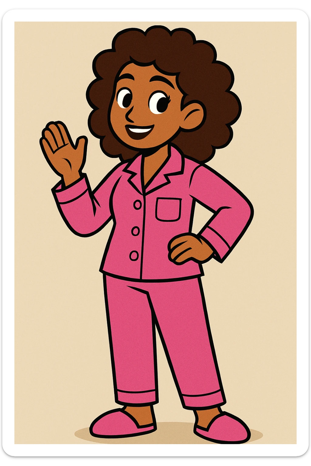 modern style medium skin woman with curly brown hair wearing pink pajamas, neutral background sticker