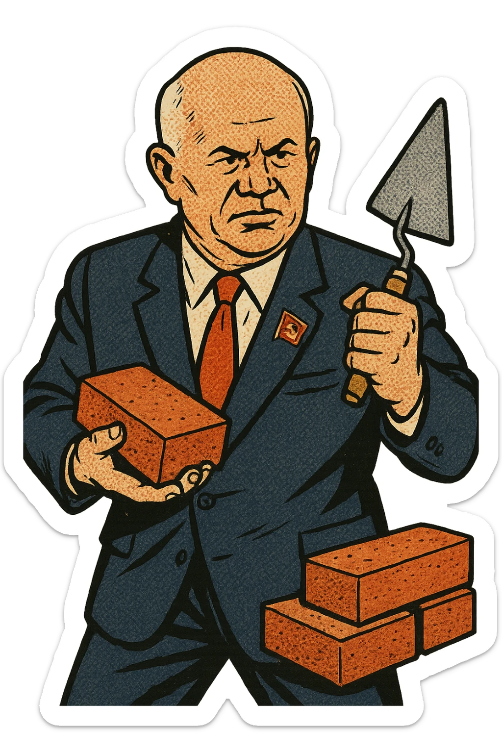 The full body of soviet leader Khrushchev with a communist badge on his suit holding building materials such as bricks and trowels, he is looking determined. sticker