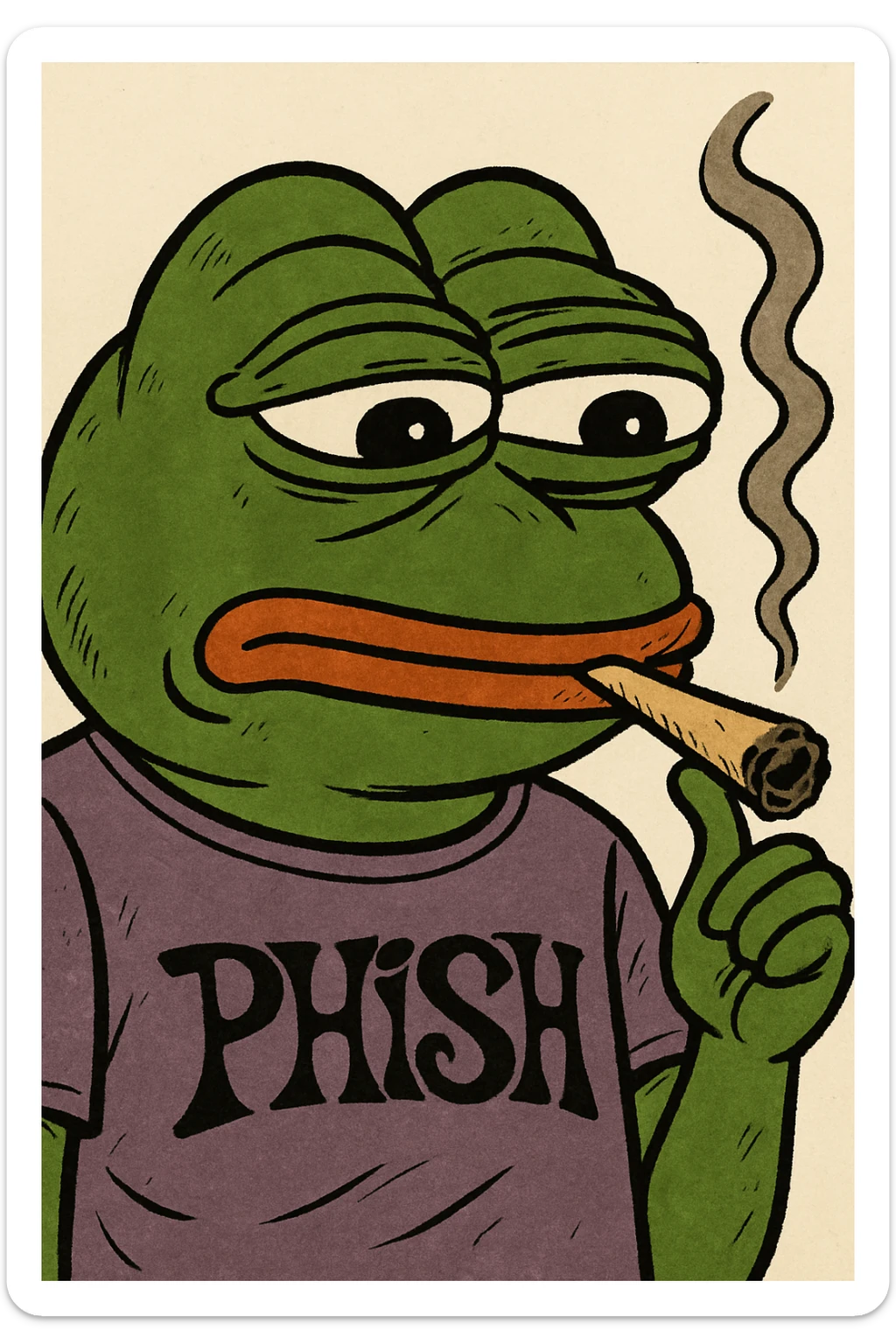 Add a Phish band t-shirt to Pepe the Frog while he is smoking a joint, keeping the Pepe meme style consistent and recognizable. sticker