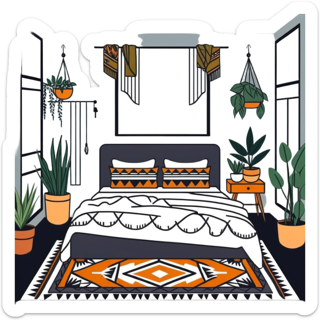 modern bohemian bedroom with hanging plants, layered patterned rugs, and lots of cozy blankets on bed sticker