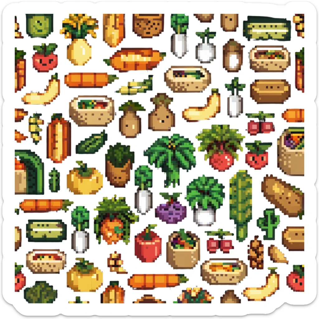Pixel art of dietary fiber showing whole grains, vegetables, fruits and legumes connected by fiber strands, with an intestine character showing improved digestion sticker