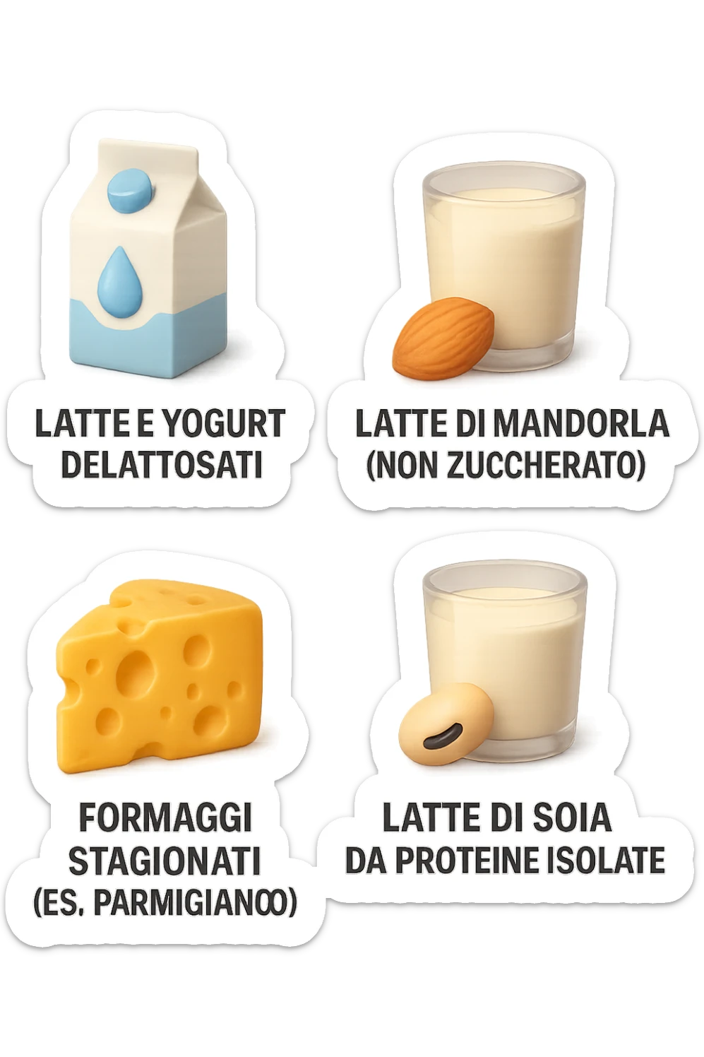 emoji stile iphone 3d di questi elementi che fluttuano in aria:

Latte e yogurt delattosati
Latte di mandorla (non zuccherato)
Latte di soia da proteine isolate
Formaggi stagionati (es. parmigiano)
Tofu compatto e tempeh
 che fluttuano in aria,  le etichette scrivile in italiano, iperealistico 4k sticker