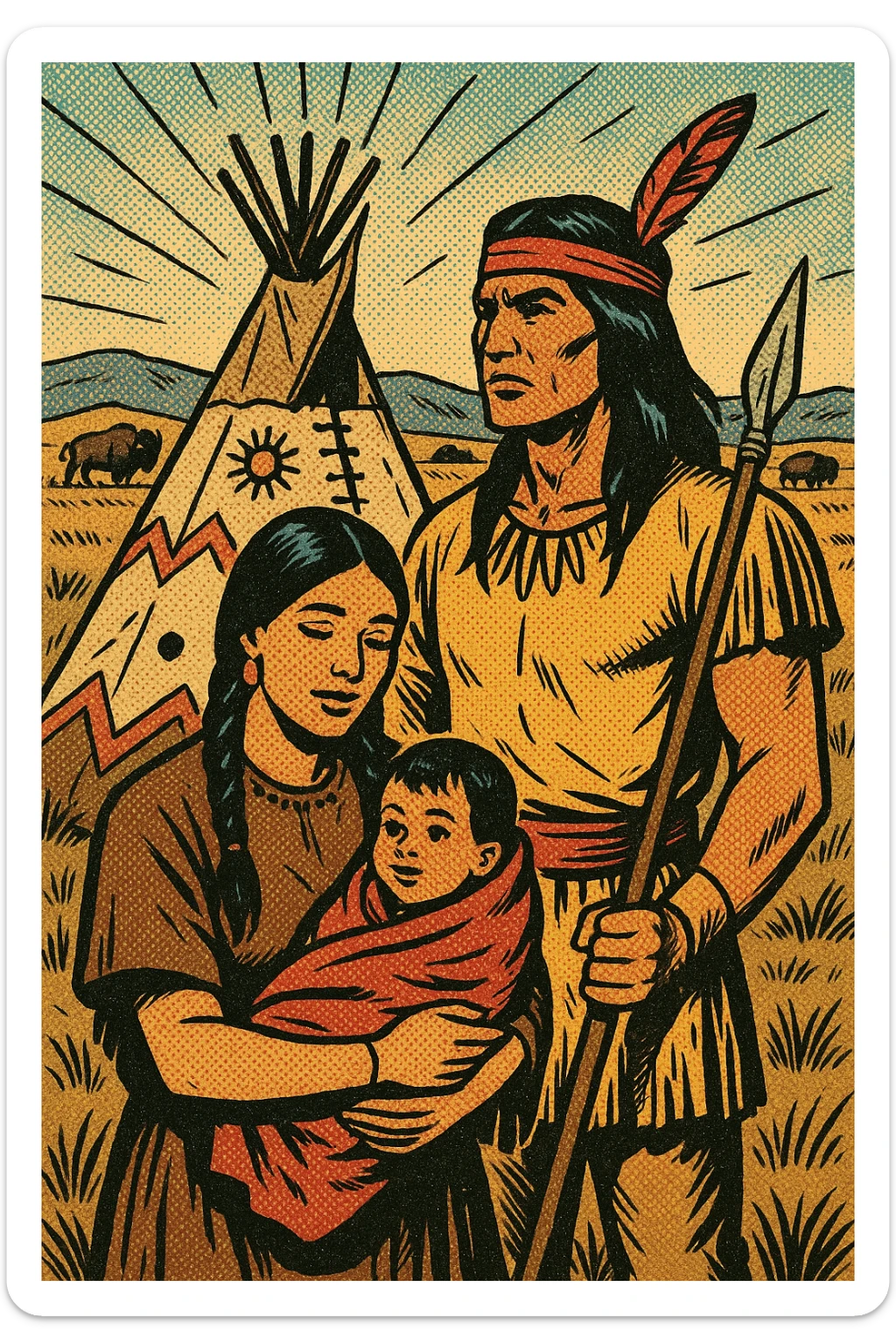 A native American family including a mother and young child, with a father who is a warrior. They are standing near a tepee decorated in native american symbols, there are buffalo in the distance. They are on the dry grasslands of the great plains in the 1840s sticker