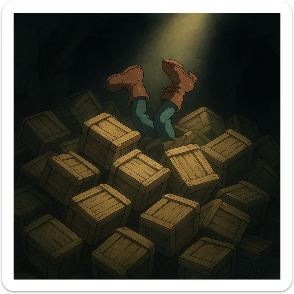 A pile of small oblong crates hidden in a dark area with a beam of light shining from above, with someone’s boots sticking out like they dove in sticker
