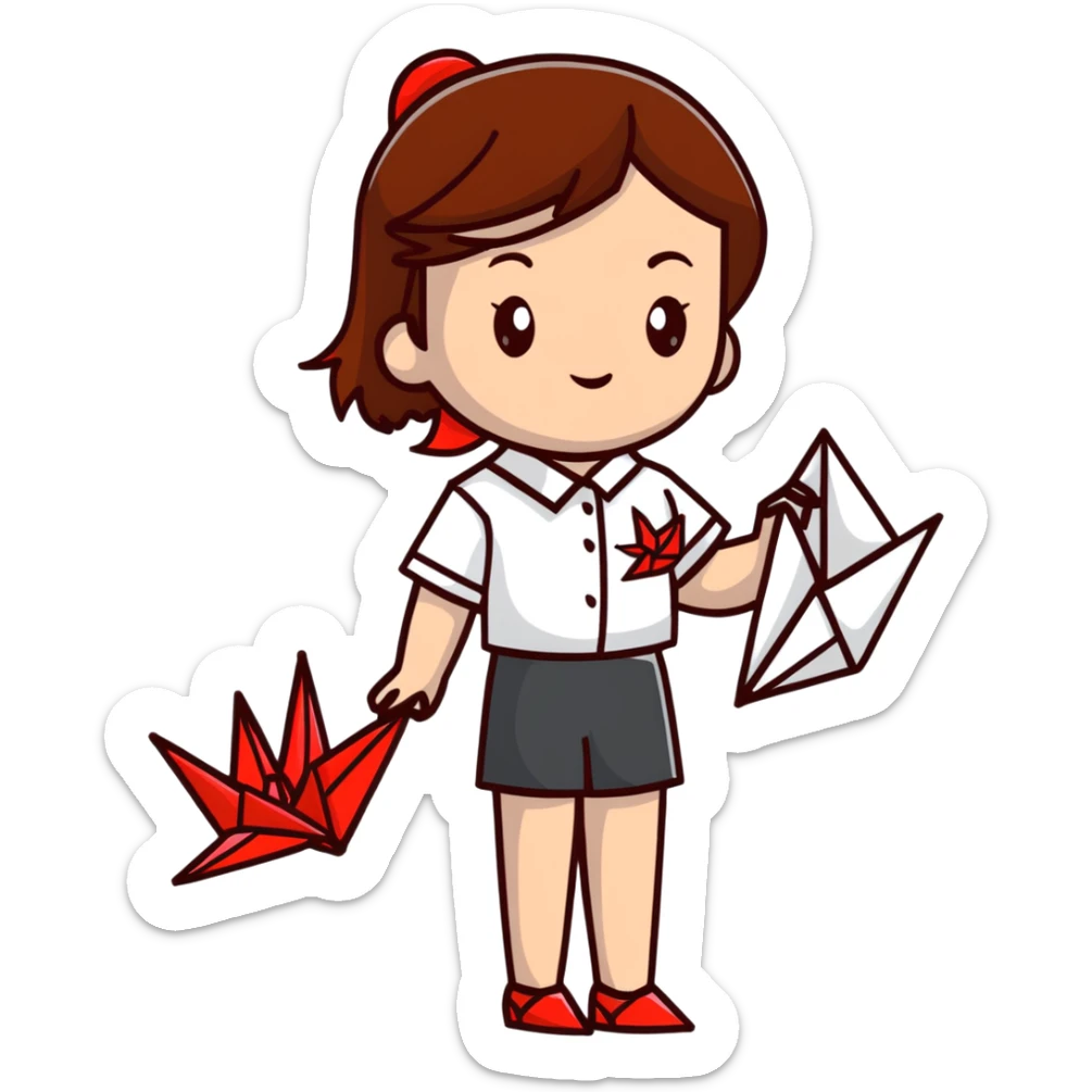 A happy Ukrainian young girl with brown hair in a white embroidered shirt makes an origami red crane craft sticker