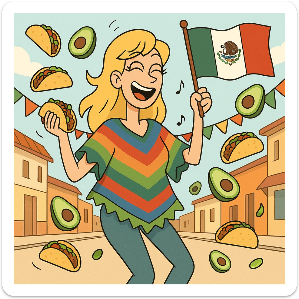 playful cartoon of a tall blonde woman, colorful poncho, smiling, holding taco and avocado, waving Mexico flag, dancing in the street, surrounded by tacos and avocados, street party scene sticker