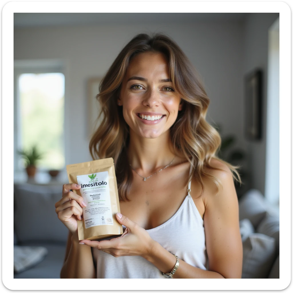 young woman with a natural smile holding a package with the word 'Inositolo' clearly readable, modern home environment, natural light, lifestyle photography, healthy and relaxed appearance sticker