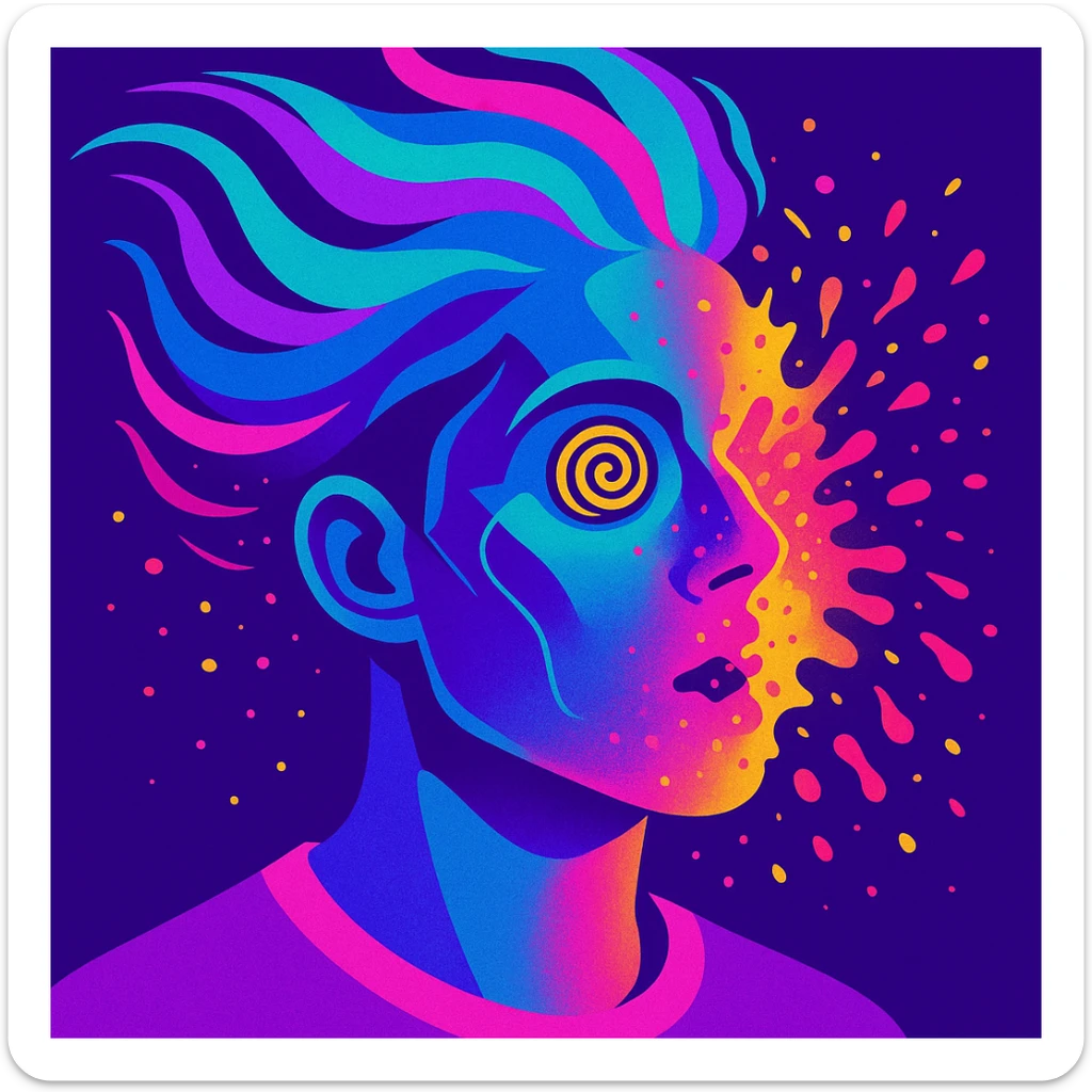 surreal portrait of a person with neon skin, face dissolving in an explosion of colors, airbrush effect, hair as swirling liquid color streams like northern lights, hypnotic spiral eyes, geometric elements along face contour, paint particles flying away, acid purple, turquoise, and electric pink blending, sense of movement sticker