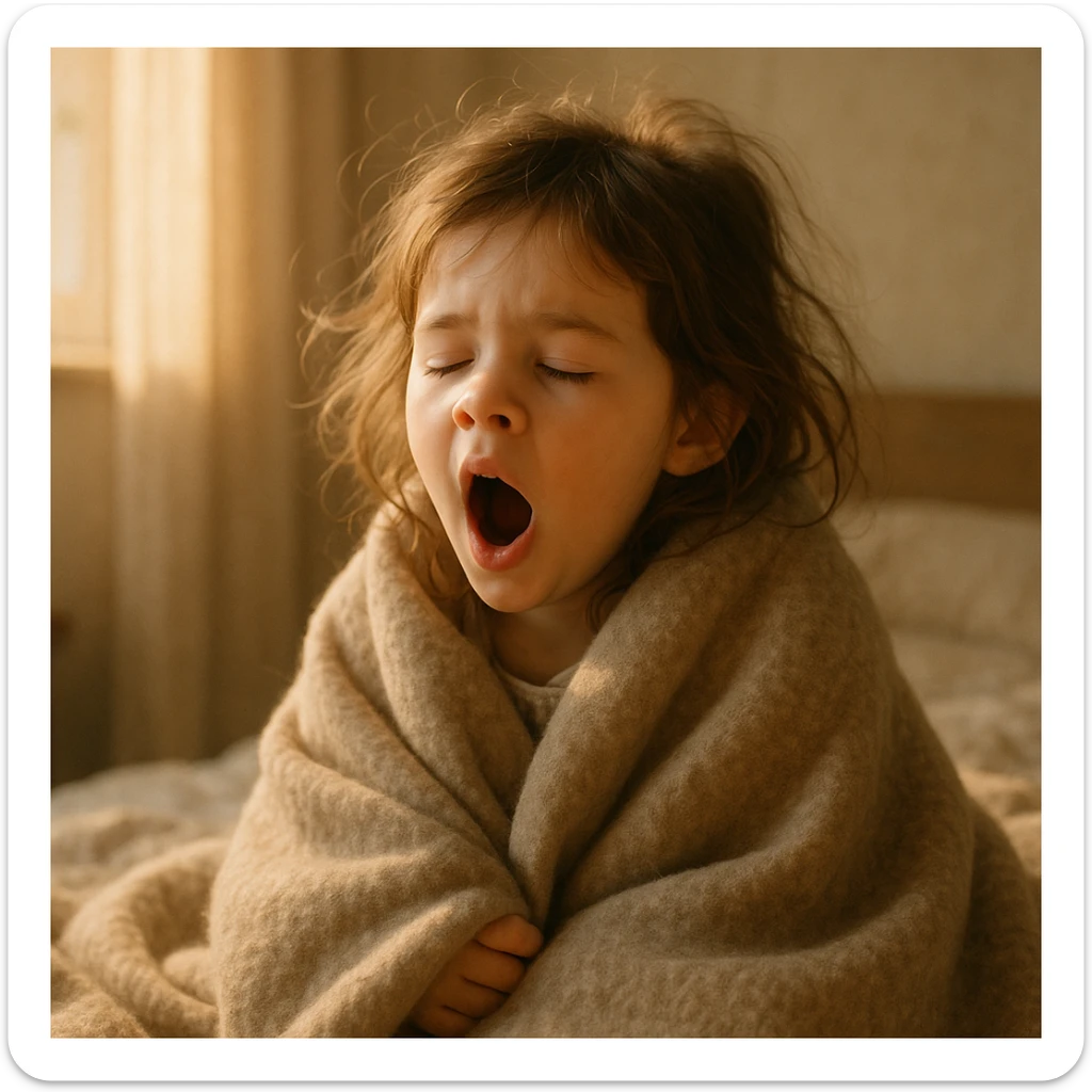 a girl with tousled brown hair yawning, wrapped in a blanket, early morning, soft sunlight sticker