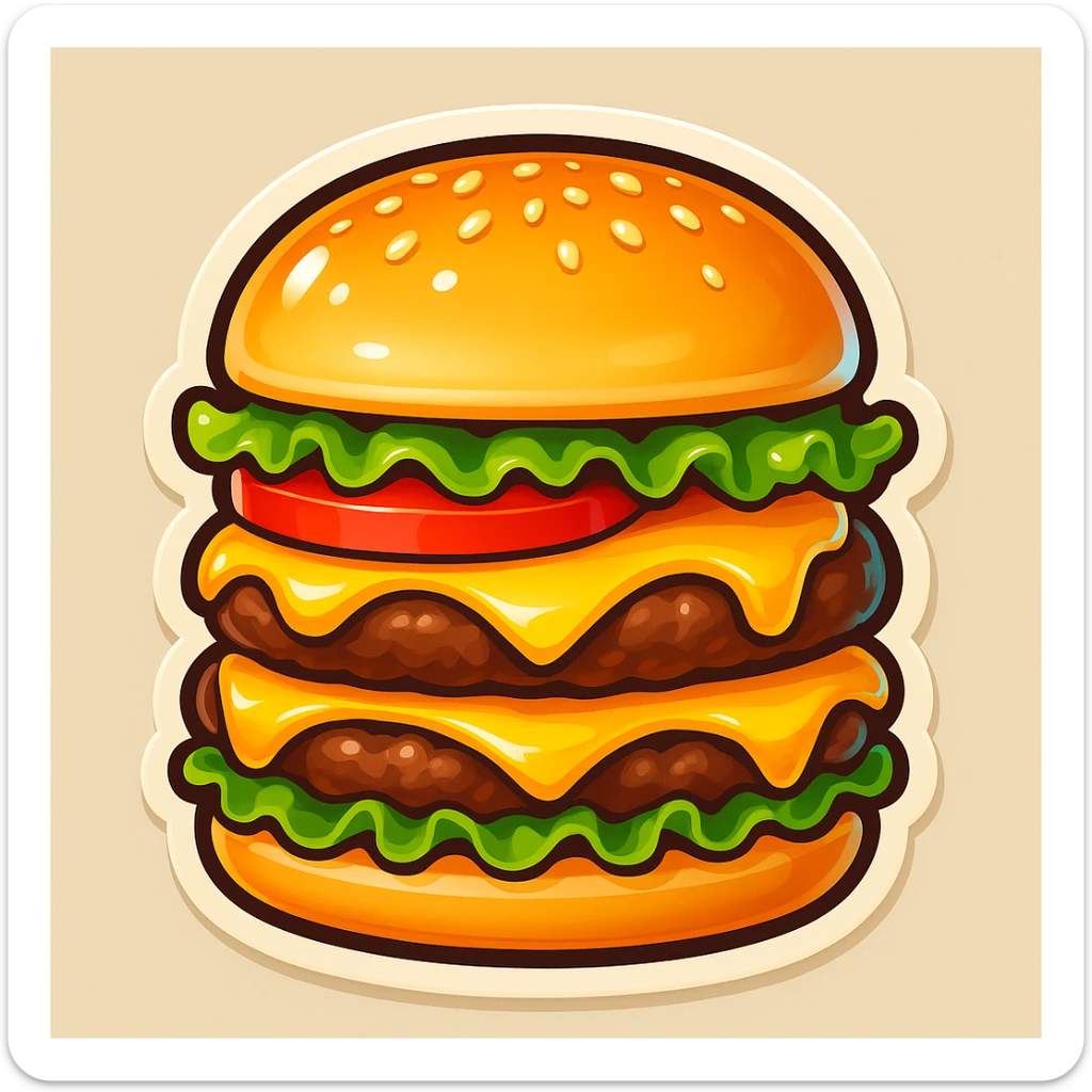 Add fresh green lettuce and juicy red tomato slices to the cheeseburger, keeping the cartoon emoji style, high detail, bright colors, and appetizing look. sticker
