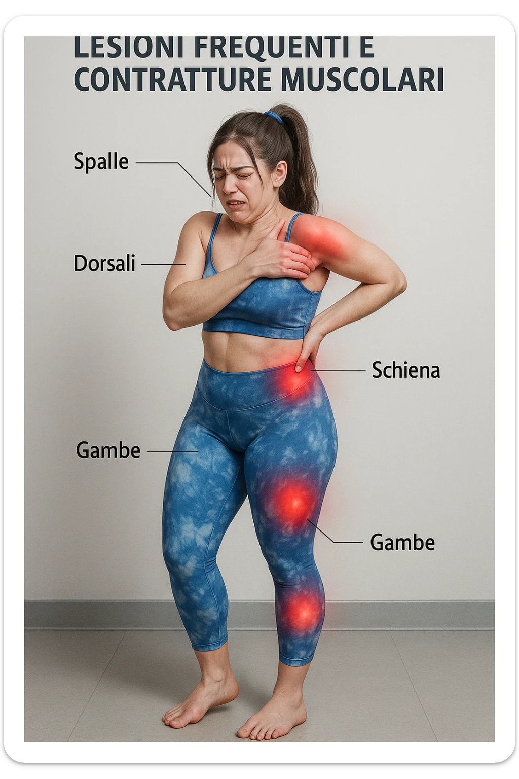 donna con infortuni e contratture frequenti in 3D realistica, donna dolorante immagine medica in italiano  sticker