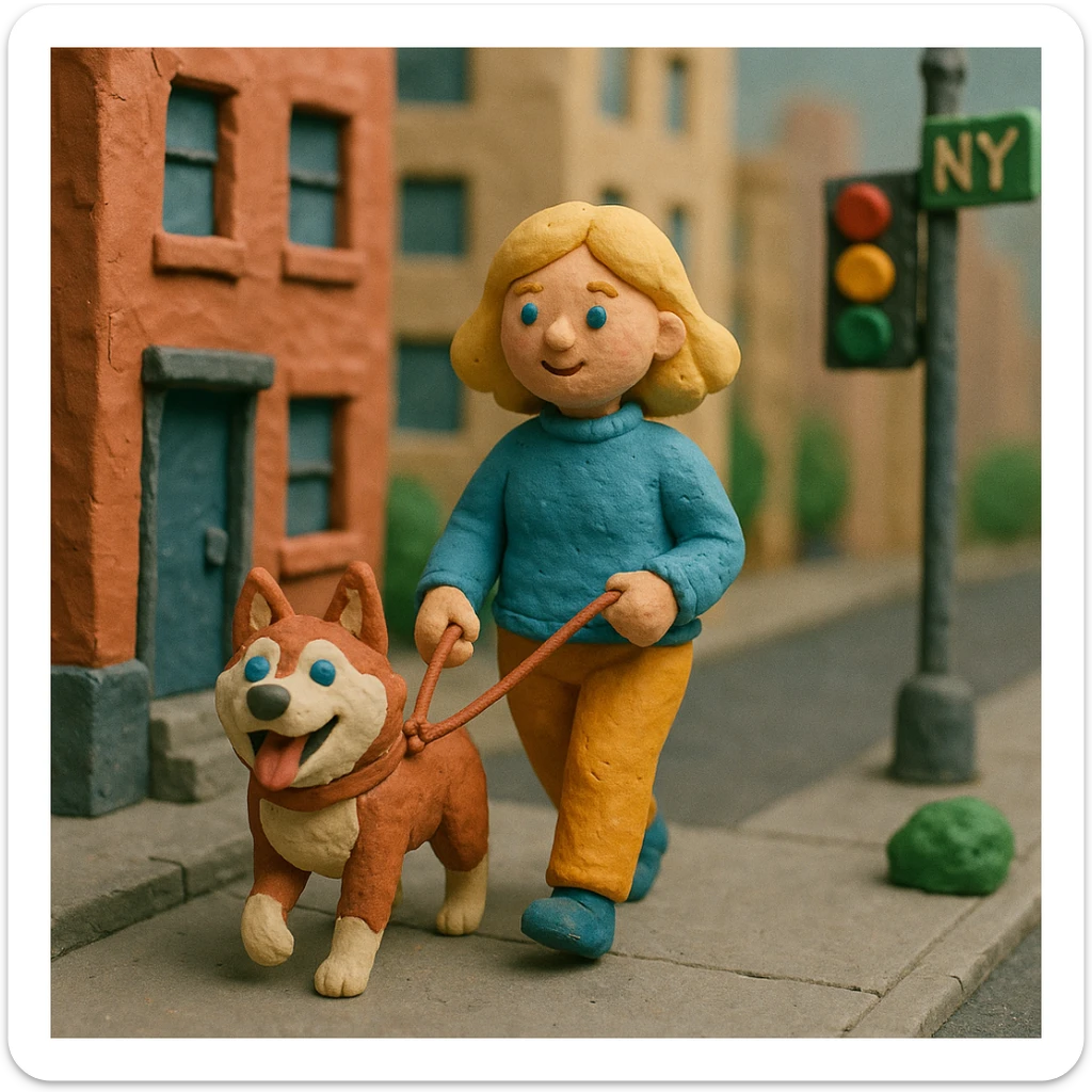 Cute Blonde woman wearing a sweater walking a happy red-brown blue-eyed Siberian husky in New York City on an upper east side city sidewalk  sticker