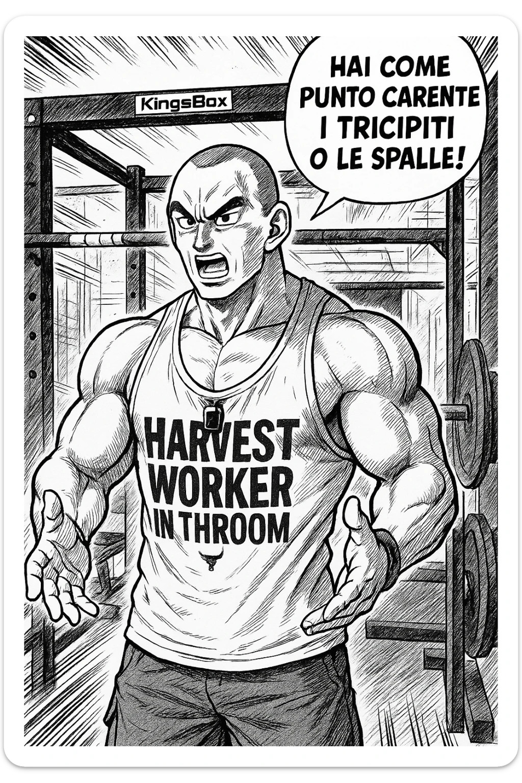 Personal trainer che dice al suo allievo, "hai come punto carente i tricipiti o le spalle!" Stile manga di Dragon Ball sticker