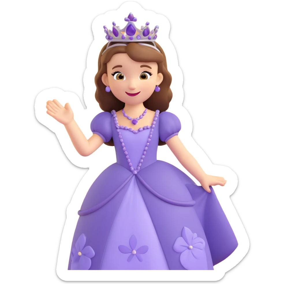 Sofia the First as a 3D emoji, waving, with her purple dress and tiara, cheerful expression sticker