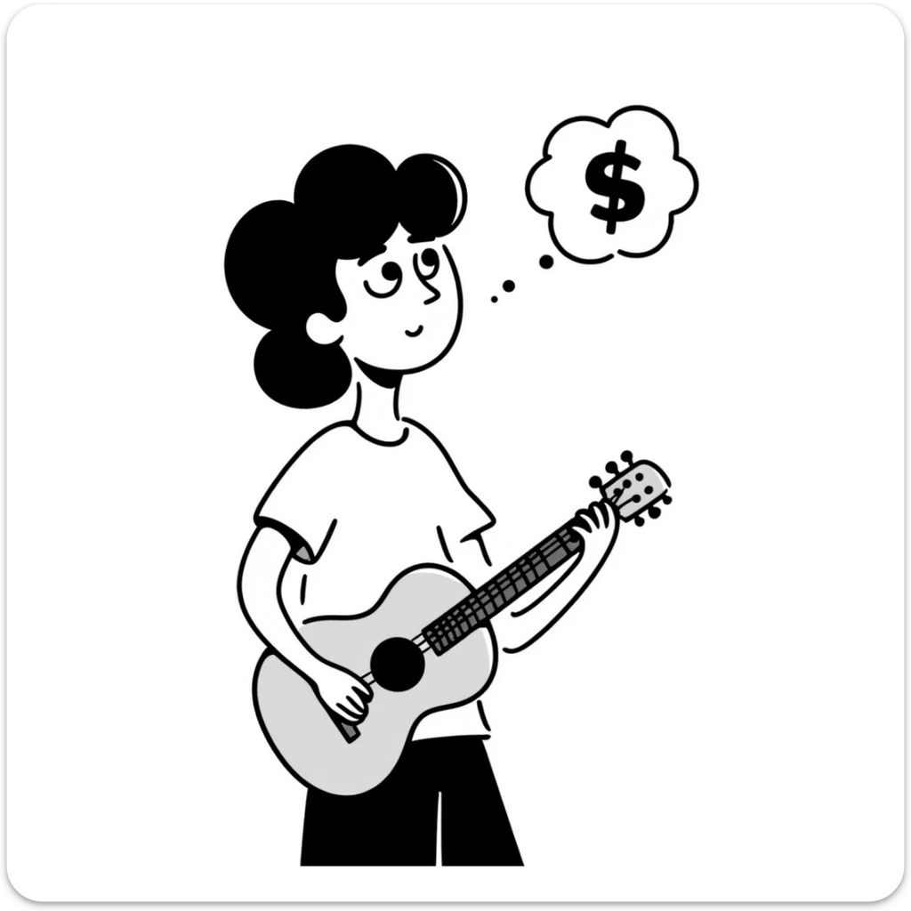 Close-up of a musician's face and torso, holding a guitar, looking up at the sky with a sad and worried expression, with a small thought cloud above showing something causing concern sticker