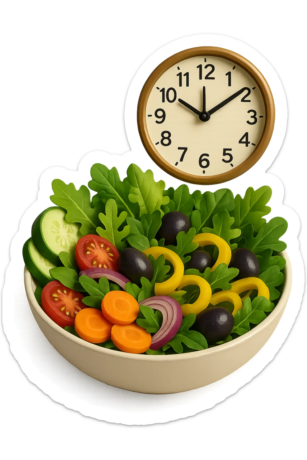 bowl con insalatona e orologio che le fluttua dietro che simboleggia una cena fatta in ritardo in 3d sticker