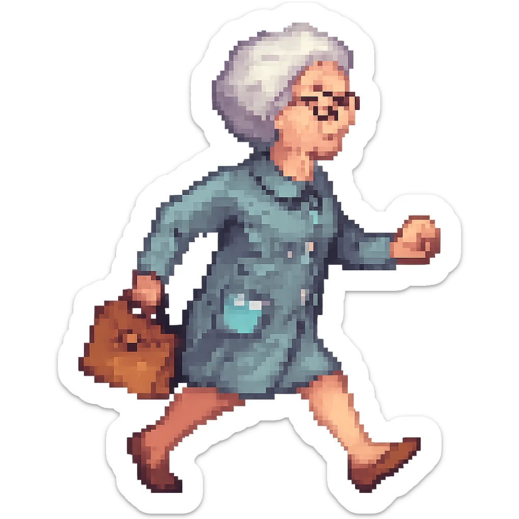 Change the walking pose of the elderly woman with short hair to a brisk walk. Keep the pixel art style look in mind while editing. sticker