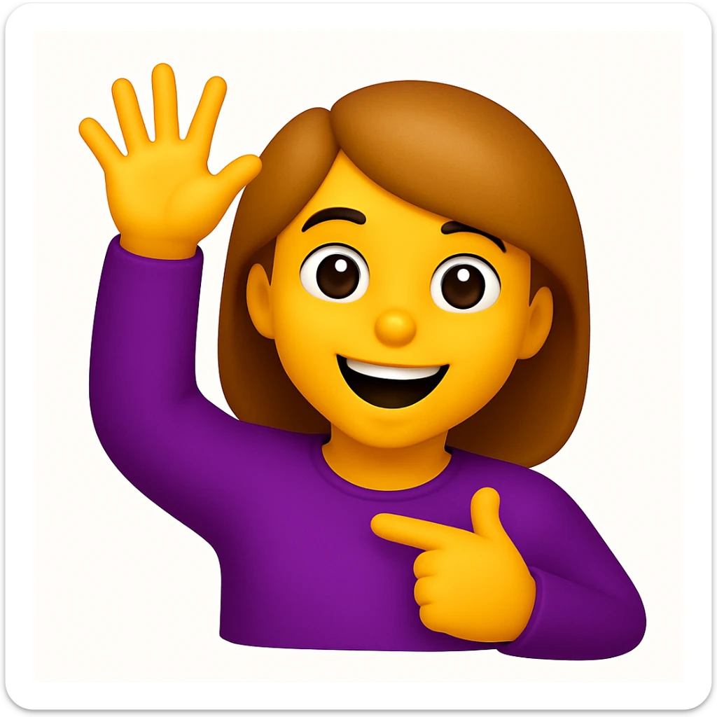 A 3D emoji in iOS emoji aesthetic style of a cheerful cartoon person raising one hand in the air while pointing to themselves with the other hand, smiling proudly, expressive and confident pose, glossy Apple-style design, clean white background
 sticker