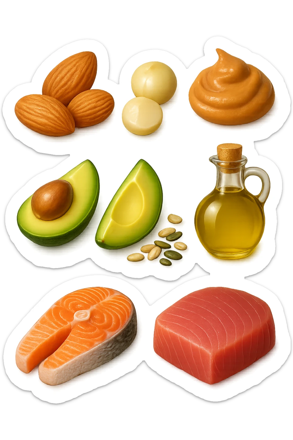 EMOJI STILE IPHONE DI
Frutta secca (mandorle, noci macadamia)
Burro di frutta secca (es. burro di arachidi)
Avocado (in piccole porzioni)
Semi
Olio extravergine d’oliva
Pesce grasso (salmone, tonno)
, fluttuano in aria REALISTICA 4K sticker