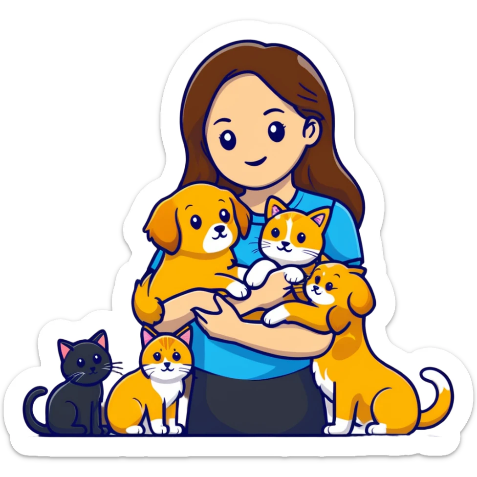 Beautiful woman with long brown hair holding a golden retriever and three cats sticker