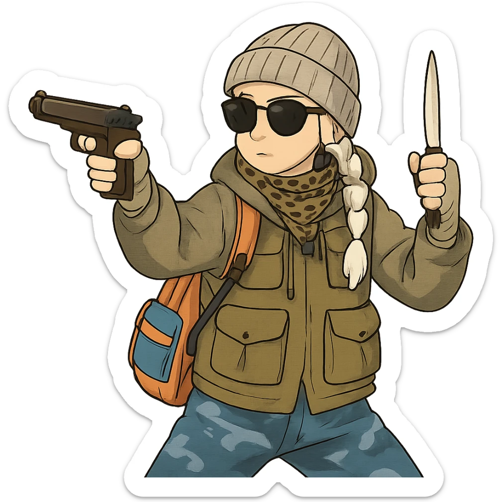1 female, long white braid, knit cap, dark sunglasses, shemegh neckwrap, fishing vest, vibrant shool backpack, drab hoodie, handwraps, blue camo pants, makarov in 1 hand, bone shiv up and fighting backhand in the other hand sticker