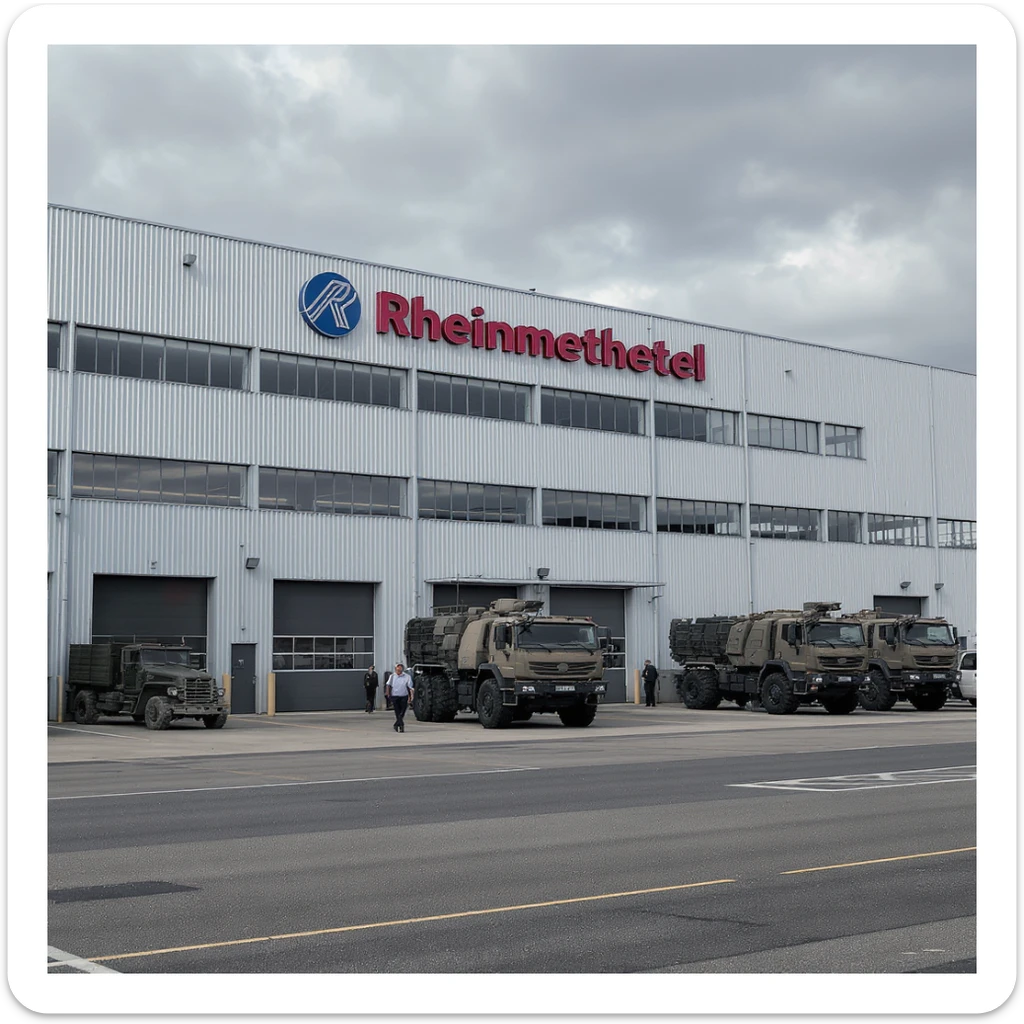 Realistic Rheinmetall factory exterior, large industrial building with Rheinmetall logo, parking lots filled with military vehicles, factory grounds with machinery and equipment, realistic lighting and shadows, industrial atmosphere, workers in uniforms walking around sticker