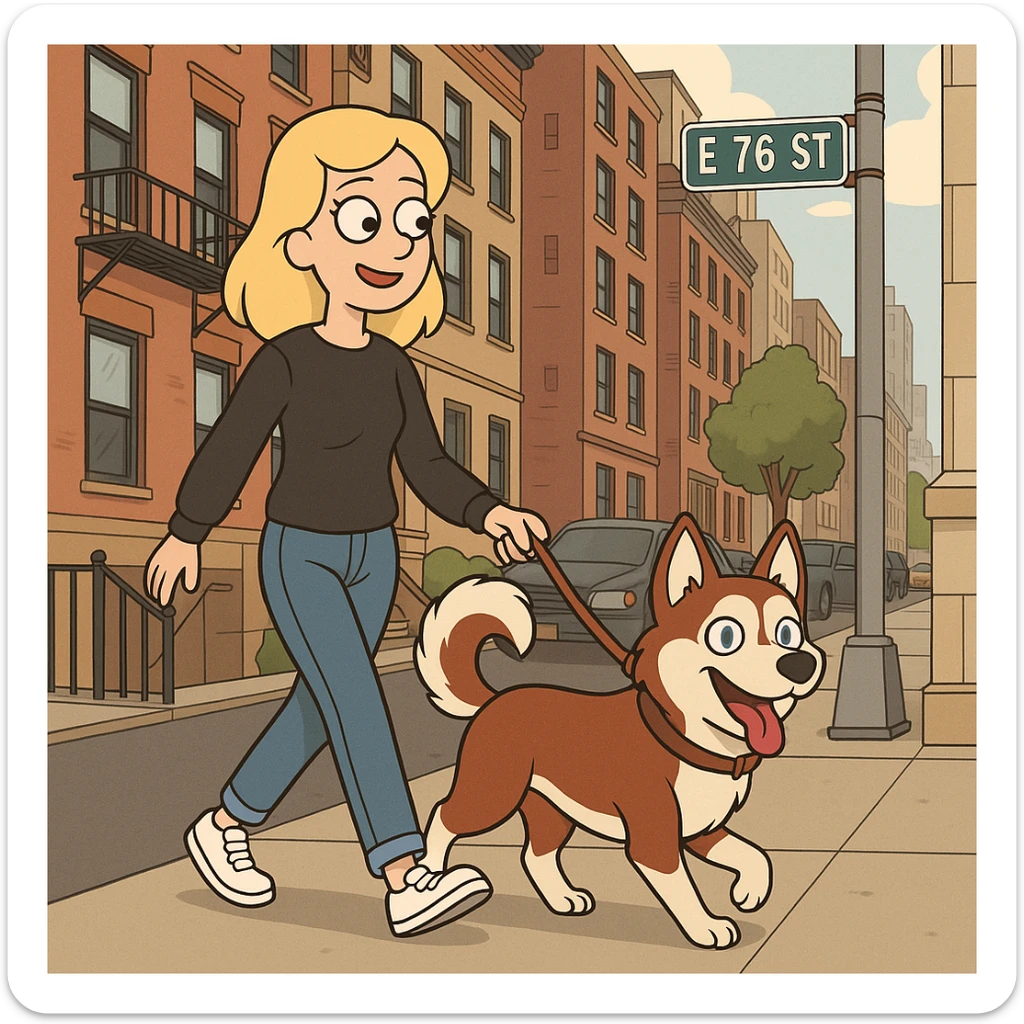 Cute Blonde woman wearing a black sweater and jeans and white sneakers walking a happy red-brown blue-eyed Siberian husky in New York City on an upper east side city sidewalk  sticker