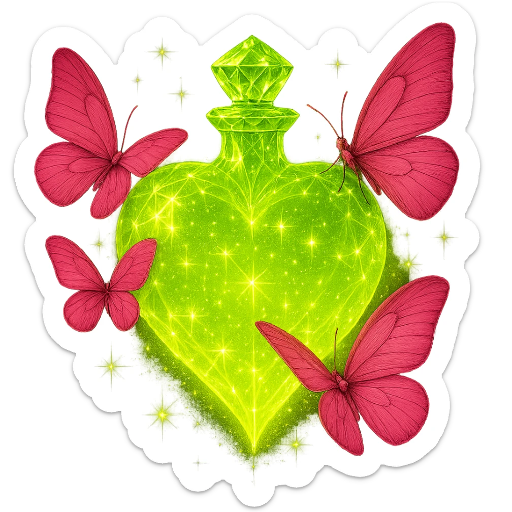 Make the neck of the bottle more crystal-like, elegant, and luxurious with faceted details to match the diamond heart shape. Keep everything else the same: strong glow, #c0ff53 liquid, pink butterflies, magical dust, and transparent background. The style should match the original image's magical and glowing aesthetic. sticker