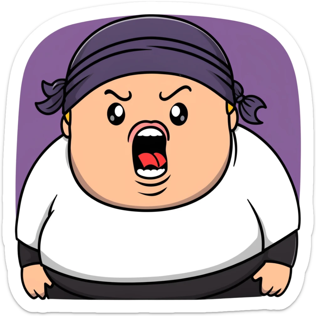 Super extreme tight close-up of just the face of morbidly obese white skin guy with young face, prominent BLACK DURAG tied clearly on head, black beard but no mustache, clean shaven upper lip, black eyes, mouth wide open screaming angrily sticker