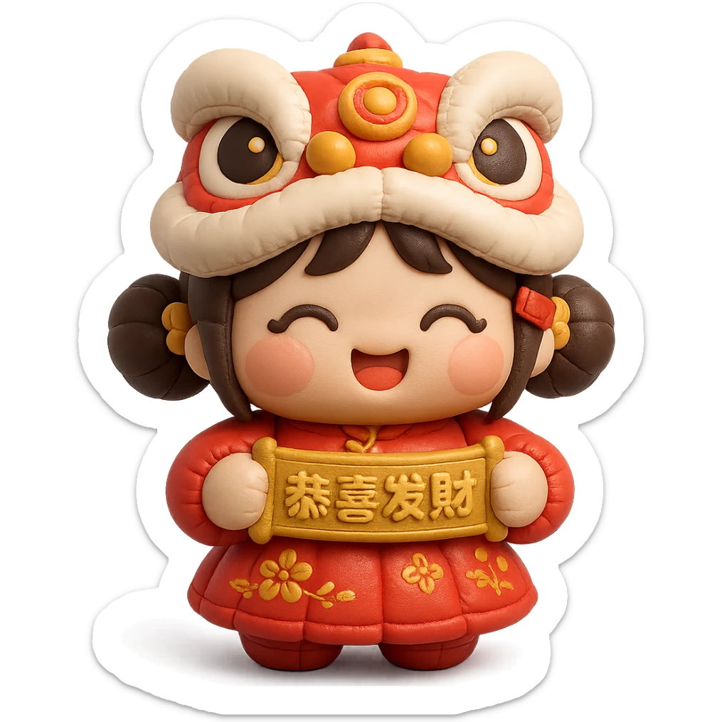 cute chibi girl in red embroidered skirt, gold hair accessories, red envelope hair clip, cartoon lion dance helmet, holding gold '恭喜发财' banner with both hands, smiling, full body, main colors red and gold, strong Chinese New Year vibe, cushion style sticker