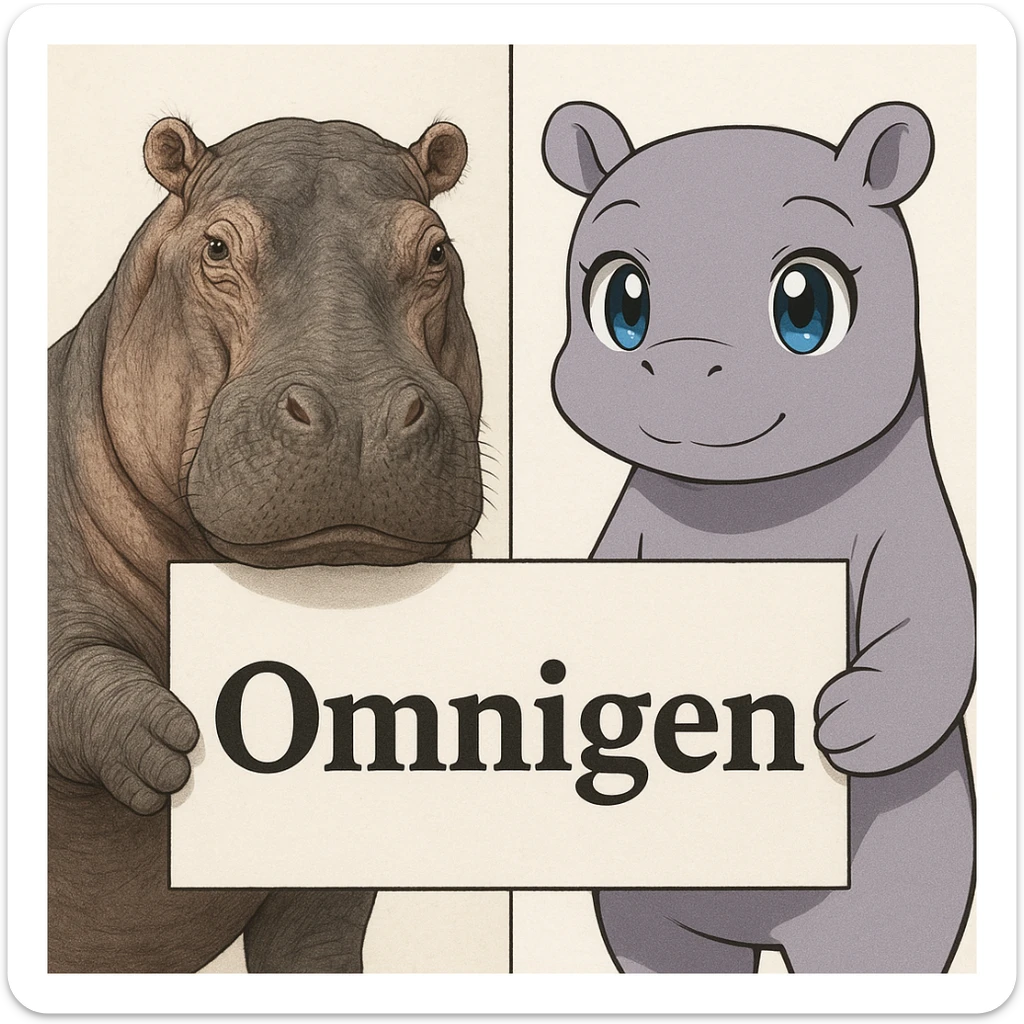 two hippo holding sign of omnigen, half picture 1 hippo is realistic another half is the anime of that same second hippo sticker