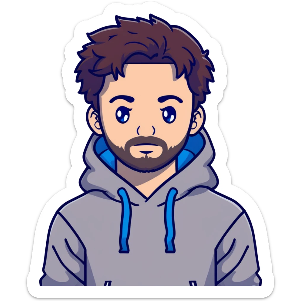 Full body Adult male with blue eyes and dark redish messy hair and trimmed facial hair wearing a gray puma brand hoodie  sticker
