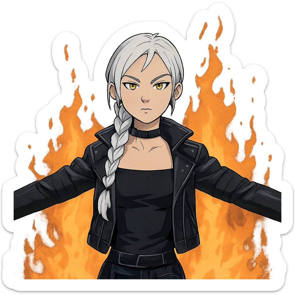  young woman with gold yellow eyes, white hair, long braid, black off-shoulder top, punk gothic style, futuristic cyberwave cyberpunk,, she is calmly t-posing in front of a raging fire sticker