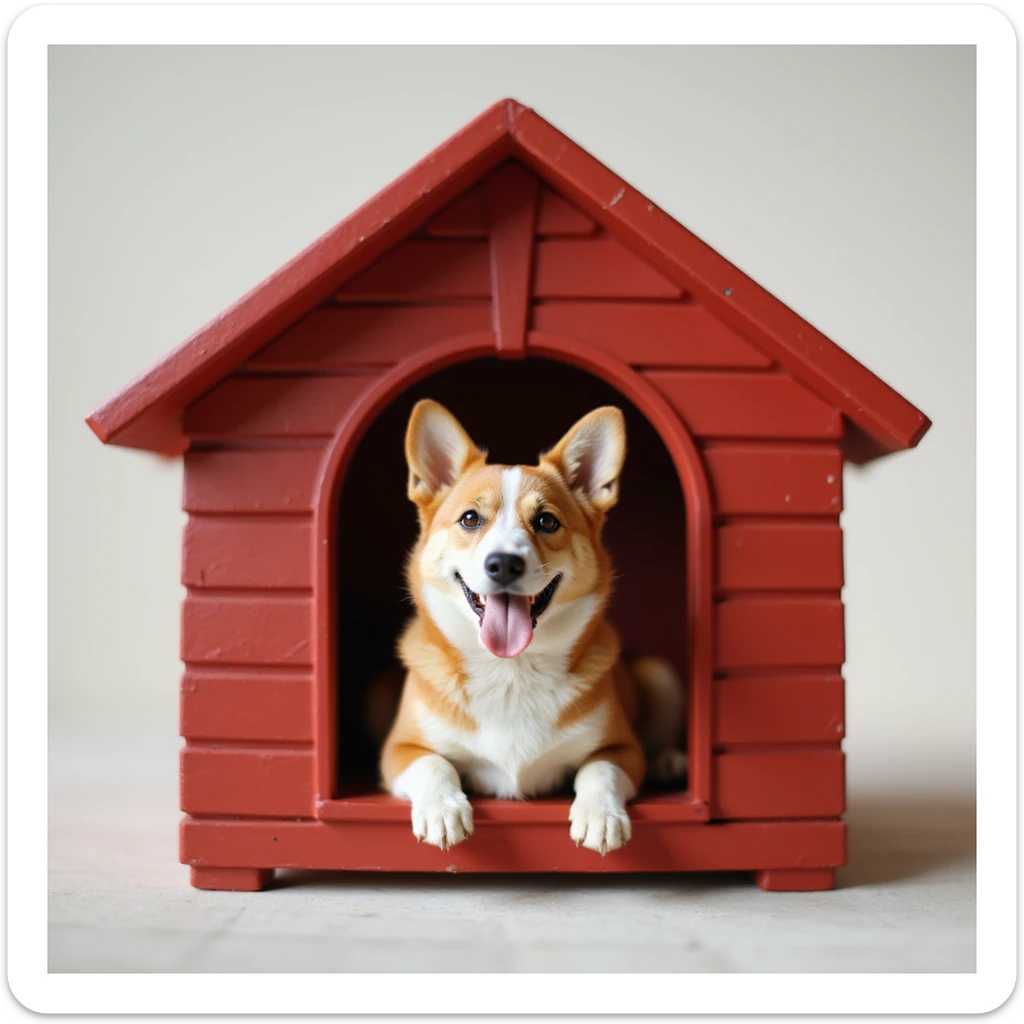realistic red dog house with a Corgi dog inside, Corgi with tongue out, photorealistic style sticker