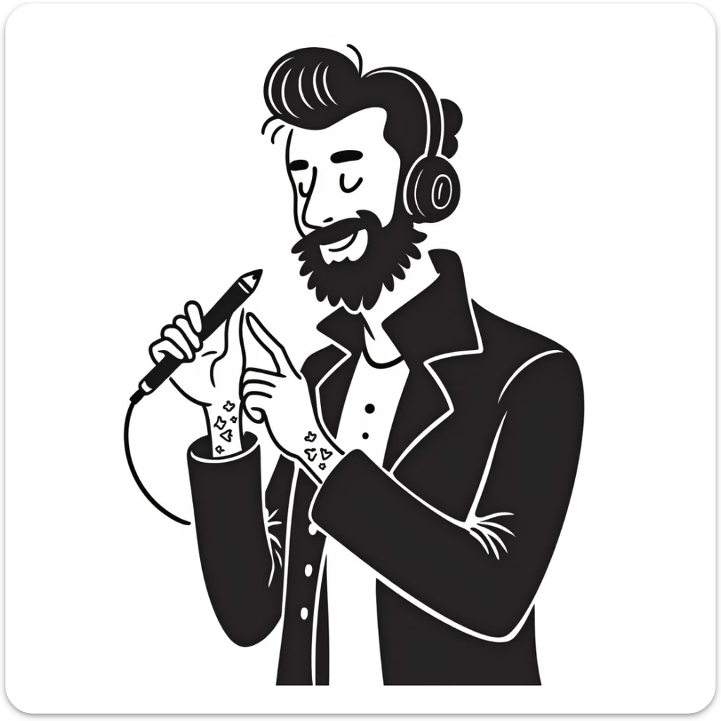 pop rock musician with well-groomed stylish beard, arm tattoos, headphones on ears, smiling confidently, holding microphone in one hand and pencil in other hand sticker
