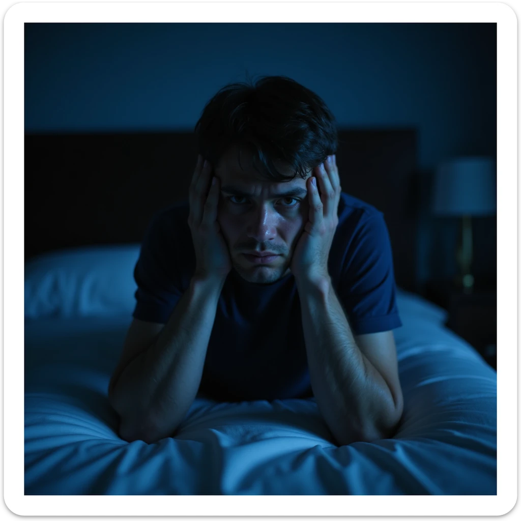 man holding his head in his hands, sitting on the edge of the bed in the middle of the night, face marked by anxiety and tiredness, dark room with soft blue light, realistic hyperrealistic details, 4K quality sticker