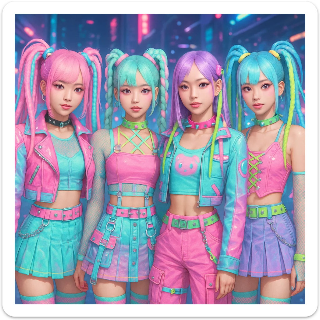 Blackpink in pastel cyber goth style, neon and pastel mix, futuristic and cute sticker