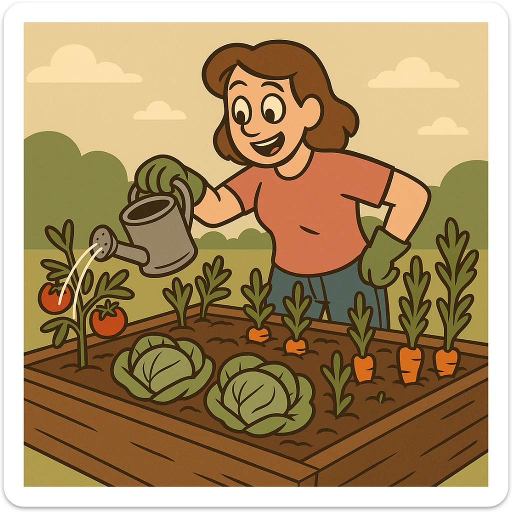 Change the woman's outfit to a t-shirt, jeans, and gardening gloves in a flat toon style. sticker