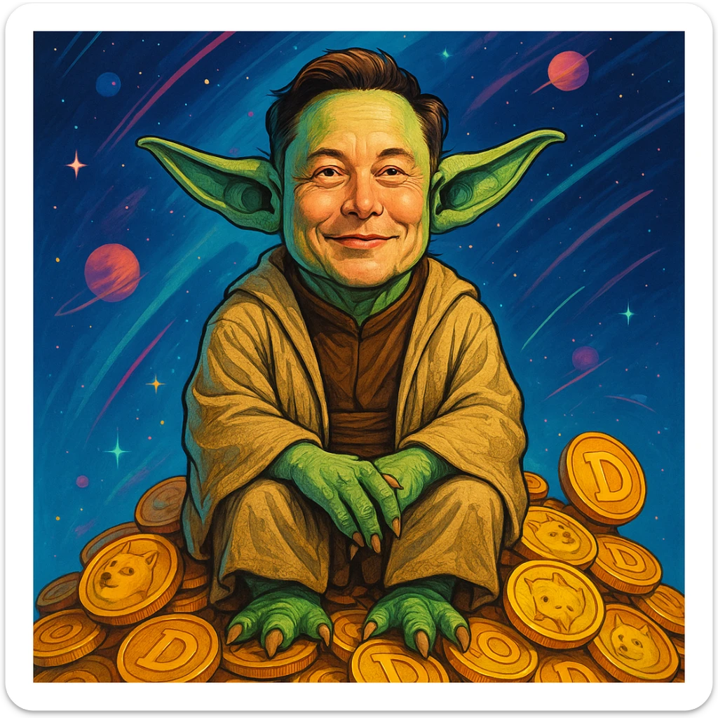 Elon Musk dressed as Yoda, sitting on a pile of Dogecoins, futuristic and whimsical style, pop culture mashup sticker